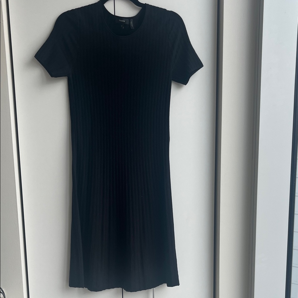 Theory Black Ribbed Short Sleeve Mini Dress